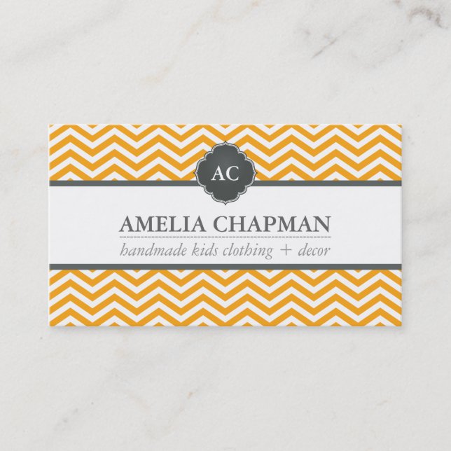 MONOGRAM modern chevron pattern bright orange gray Business Card (Front)