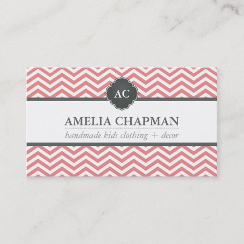 MONOGRAM modern chevron pattern coral pink gray Business Card