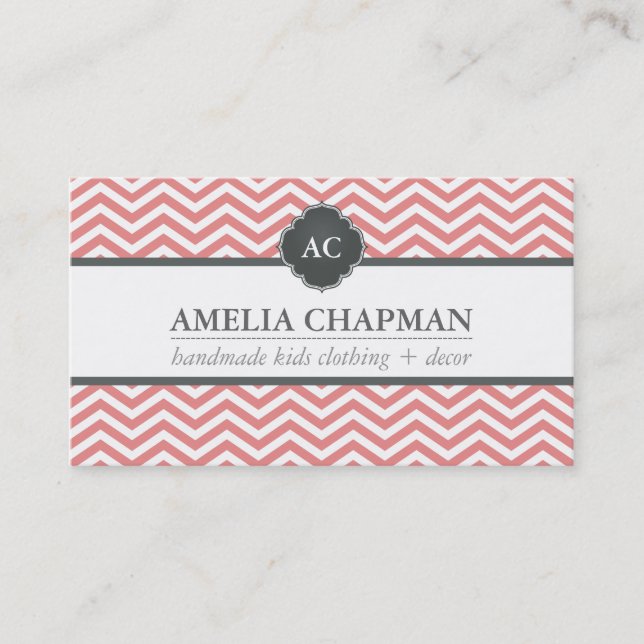 MONOGRAM modern chevron pattern coral pink gray Business Card (Front)