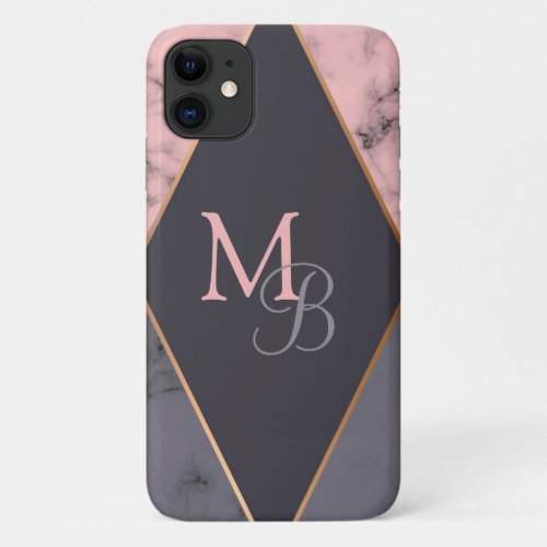 Monogram Modern Chic Girly Pink Gray Marble iPhone 11 Case