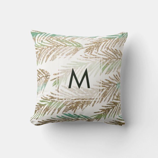 Monogram Modern Christmas Tree Leaves Throw Pillow (Front)