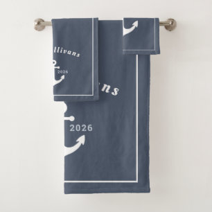 Monogram Modern Coastal Anchor Denim Blue White Bath Towel Set