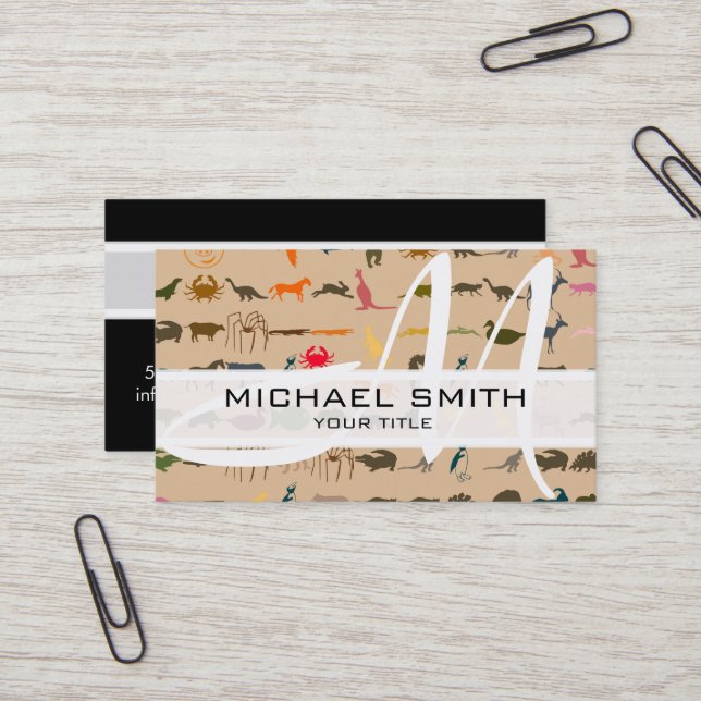 Monogram Modern Colorful Animals Pattern #2 Business Card (Front/Back In Situ)