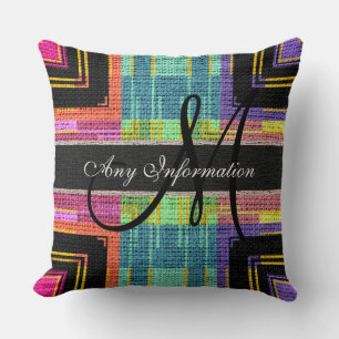 Monogram Modern Colorful Burlap Rustic Jute Throw Pillow