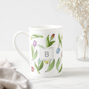 Monogram Modern Colorful Tulip Floral Pattern Bone China Mug