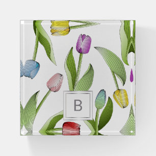 Monogram Modern Colorful Tulips Floral Paperweight