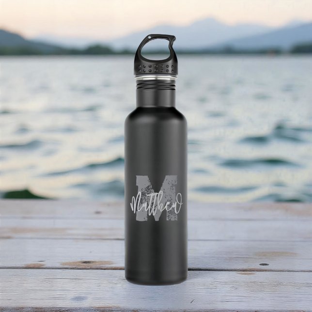 Monogram Modern Cool Grunge Add Your Name Stainless Steel Water Bottle (Creator Uploaded)