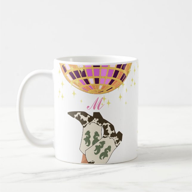 Monogram Modern Cowgirl Legs Cowboy Disco Ball  Coffee Mug (Left)