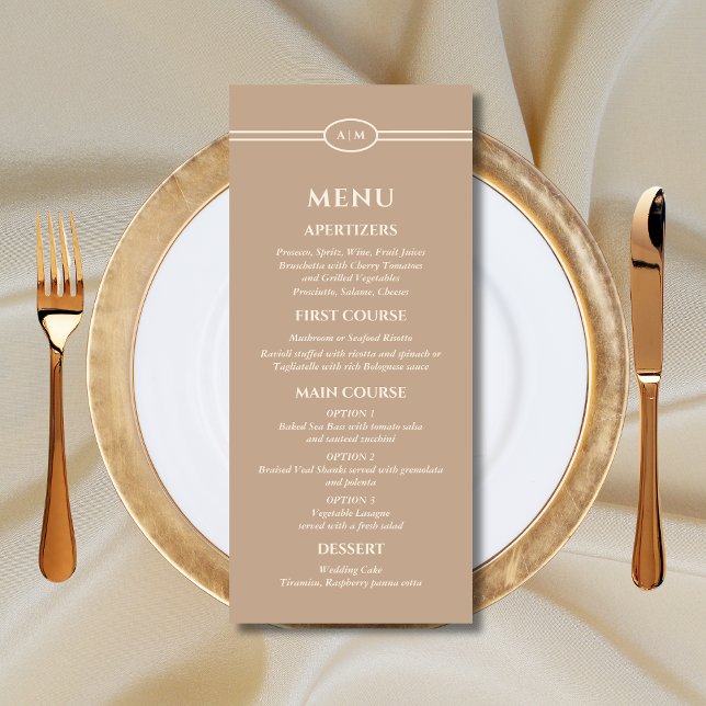 Monogram Modern Cream Taupe Wedding Menu (Creator Uploaded)