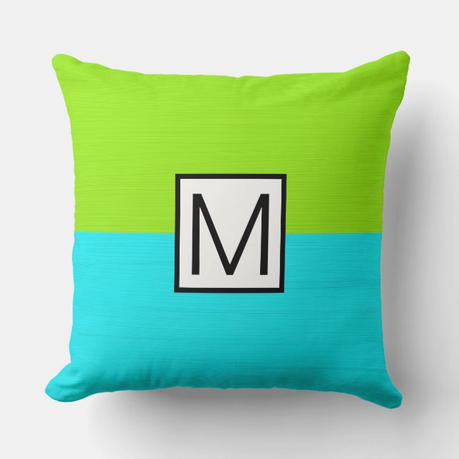 Monogram Modern Cyan and Lime Elegant Throw Pillow (Front)