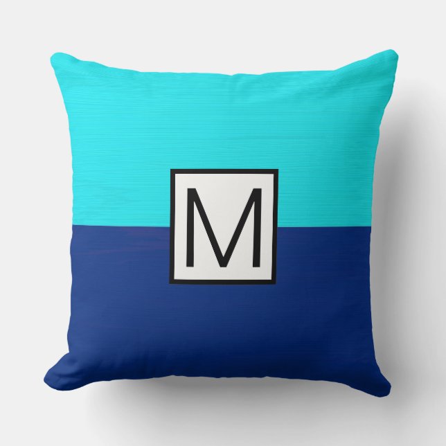 Monogram Modern Dark Blue and Cyan Elegant Throw Pillow (Front)