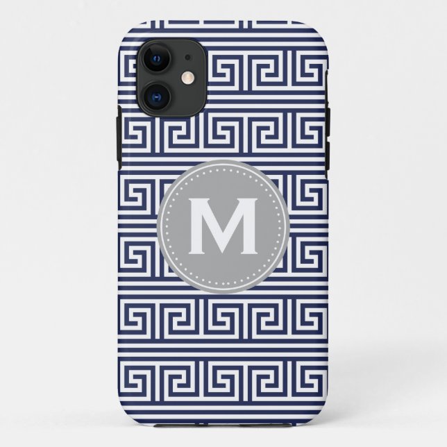 Monogram Modern Dark Blue Greek Key Pattern Case-Mate iPhone Case (Back)