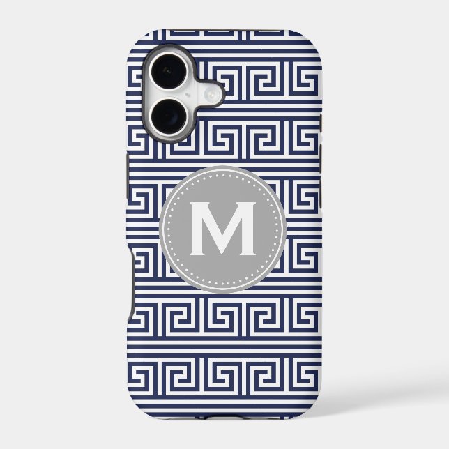 Monogram Modern Dark Blue Greek Key Pattern Iphone Case (Back)