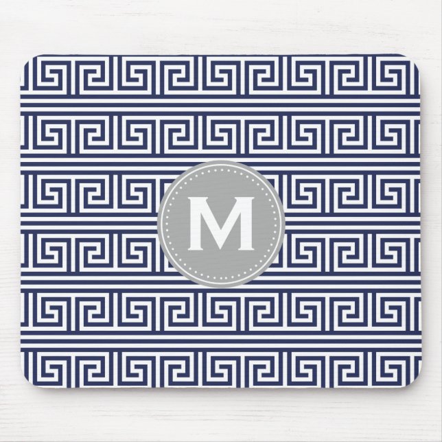 Monogram Modern Dark Blue Greek Key Pattern Mouse Pad (Front)