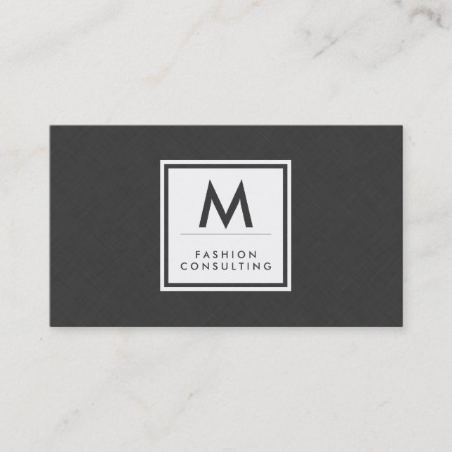 Monogram Modern Dark Gray Linen Faux Pattern Business Card (Front)