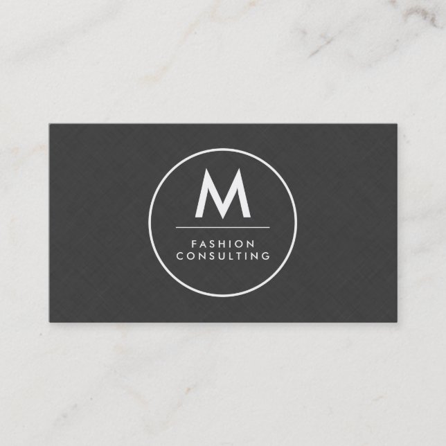 Monogram Modern Dark Gray Linen Faux Pattern Business Card (Front)