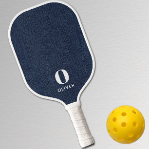Monogram Modern Dark Navy Blue Denim Print Pickleball Paddle