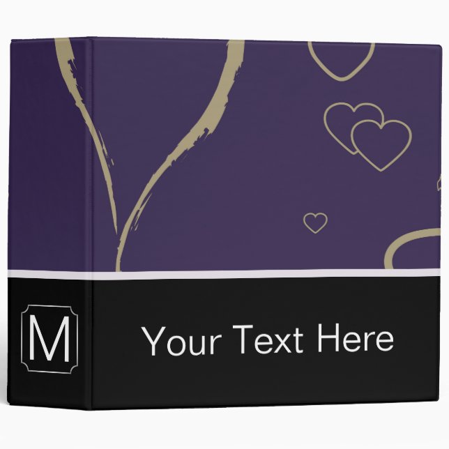 Monogram Modern Dark Purple Heart Pattern Binder (Front/Spine)