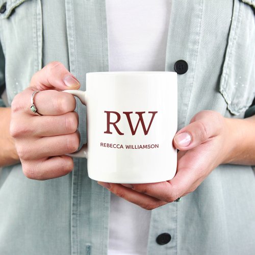 Monogram Modern Dark Red Minimalist Two_Tone Coffee Mug