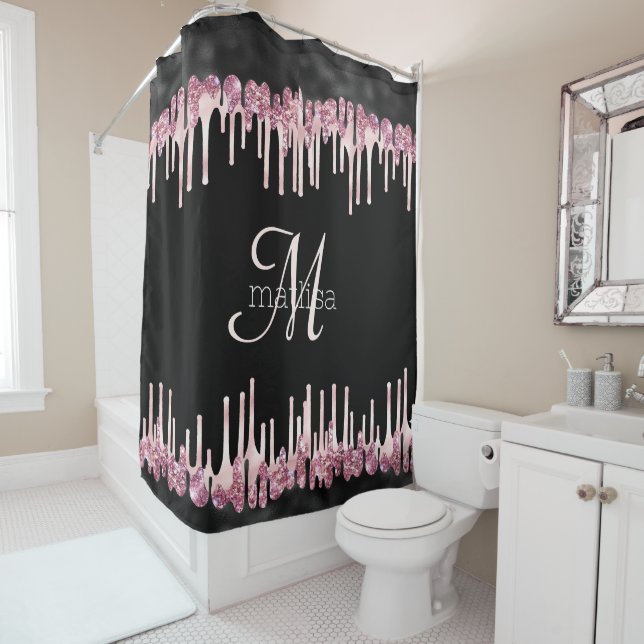 Monogram Modern Dripping Glitter Black & Pink  Shower Curtain (In Situ)