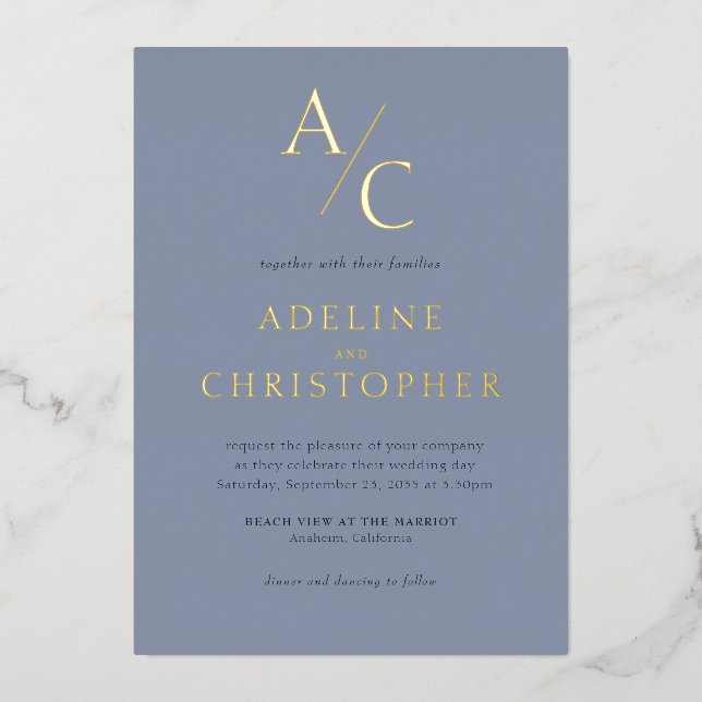 Monogram Modern Dusty Blue Gold Foil Invitation (Front)