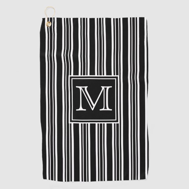 Monogram | Modern Elegant Black and White Stripes Golf Towel (Front)