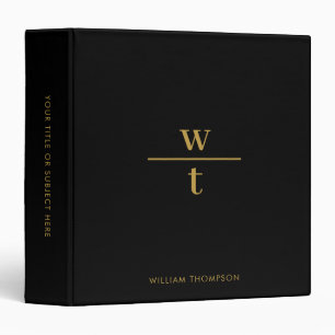 Monogram Modern Elegant Black Gold 3 Ring Binder