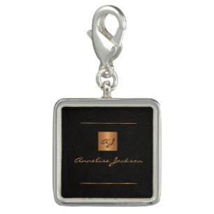 Monogram modern elegant black gold name script charm