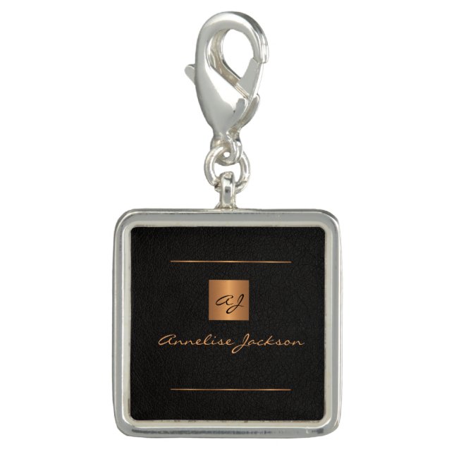 Monogram modern elegant black gold name script charm (Front)