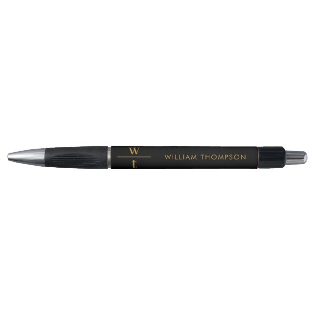 Monogram Modern Elegant Black Gold Pen (Front)