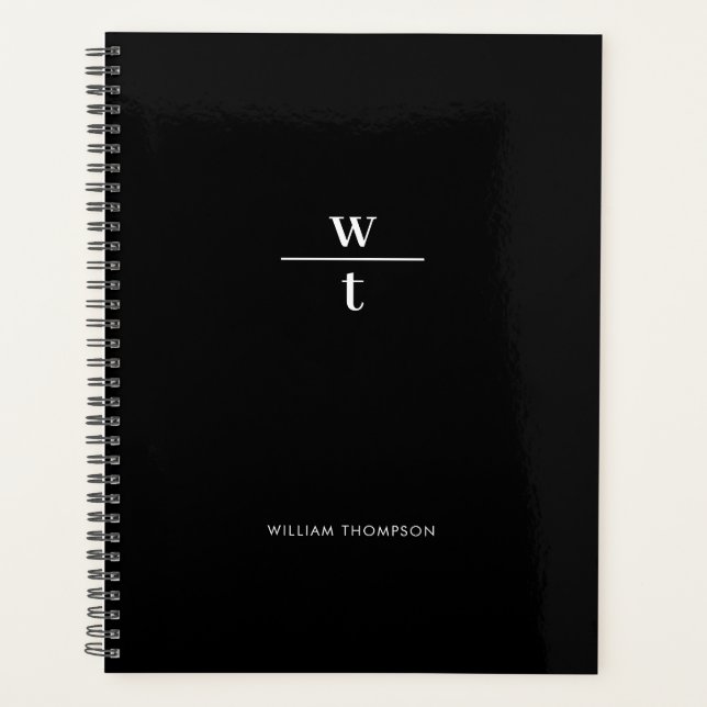 Monogram Modern Elegant Black White Planner (Front)