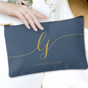 Monogram Modern Elegant Calligraphy Navy Gold Accessory Pouch