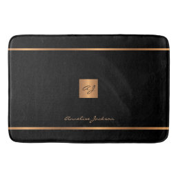 Monogram modern elegant glitter black and gold bath mat
