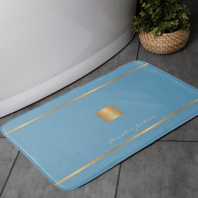 Monogram modern elegant glitter blue and gold bath mat (Creator Uploaded)