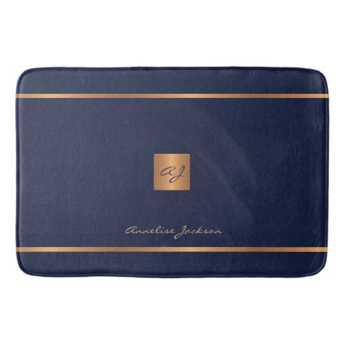 Monogram modern elegant glitter navy and gold bath mat