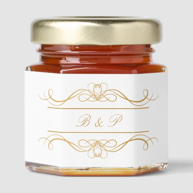 Monogram Modern Elegant Gold Swirl Wedding Honey Jar Favors (Front)