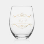 Monogram Modern Elegant Gold Swirl Wedding Stemless Wine Glass