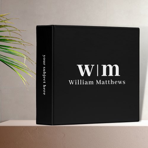 Monogram Modern Elegant Minimal Black and White  3 Ring Binder