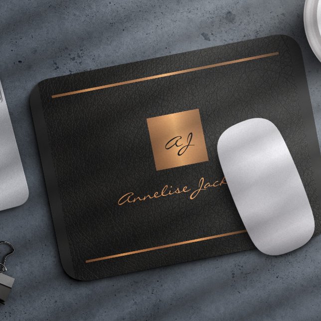 Monogram modern elegant script name gold black mouse pad (Creator Uploaded)