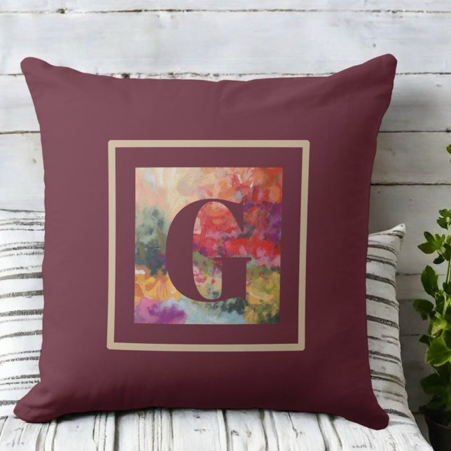 Monogram modern farmhouse burgundy watercolor  throw pillow (Creator Uploaded)