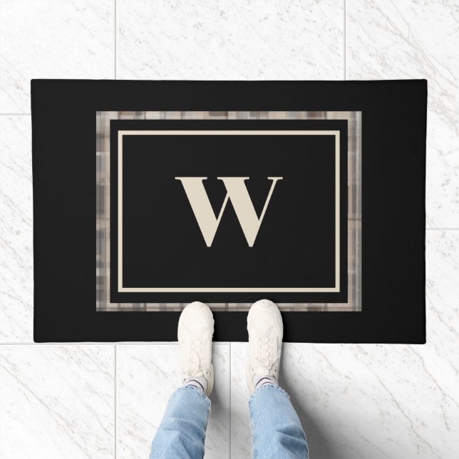 Monogram modern farmhouse plaid black beige brown  doormat (Indoor)