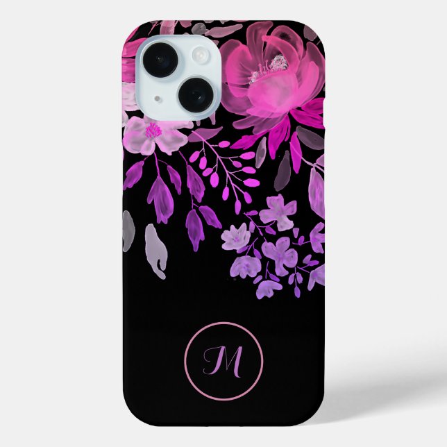 Monogram Modern Feminine Bright Pink Floral Black Case-Mate iPhone Case (Back)