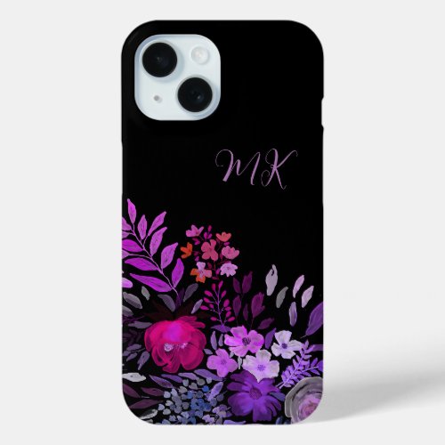 Monogram Modern Feminine Purple Pink Floral Black iPhone 15 Case