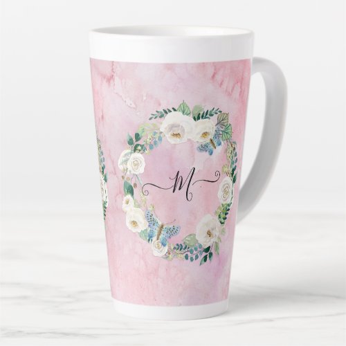Monogram Modern Floral Butterfly Watercolor Pink Latte Mug