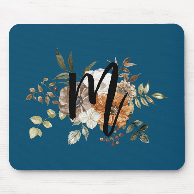 Monogram Modern floral Initial Navy blue Mouse Pad (Front)