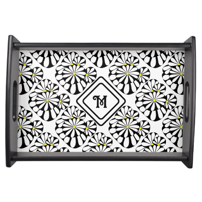 Monogram Modern Floral Pattern | Black and White | Serving Tray (Front)