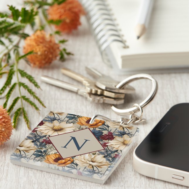 Monogram Modern Floral Personalized Keychain (Front Right)
