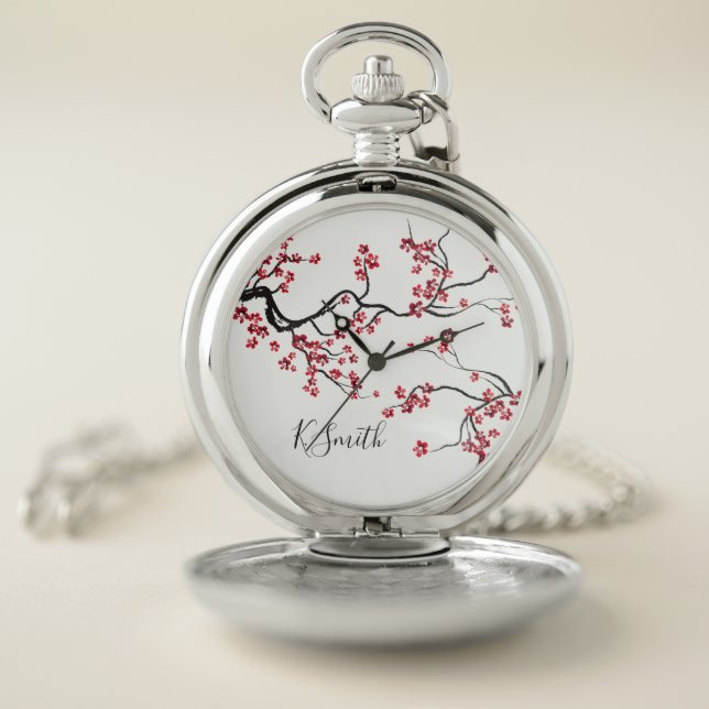 Monogram. Modern Floral. Sakura Cherry Blossoms. Pocket Watch (Inside)