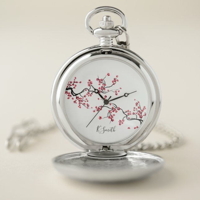 Monogram. Modern Floral. Sakura Cherry Blossoms. Pocket Watch (Inside)