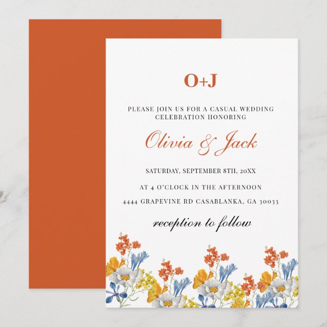Monogram modern flower Minimalist Casual Wedding  Invitation (Front/Back)